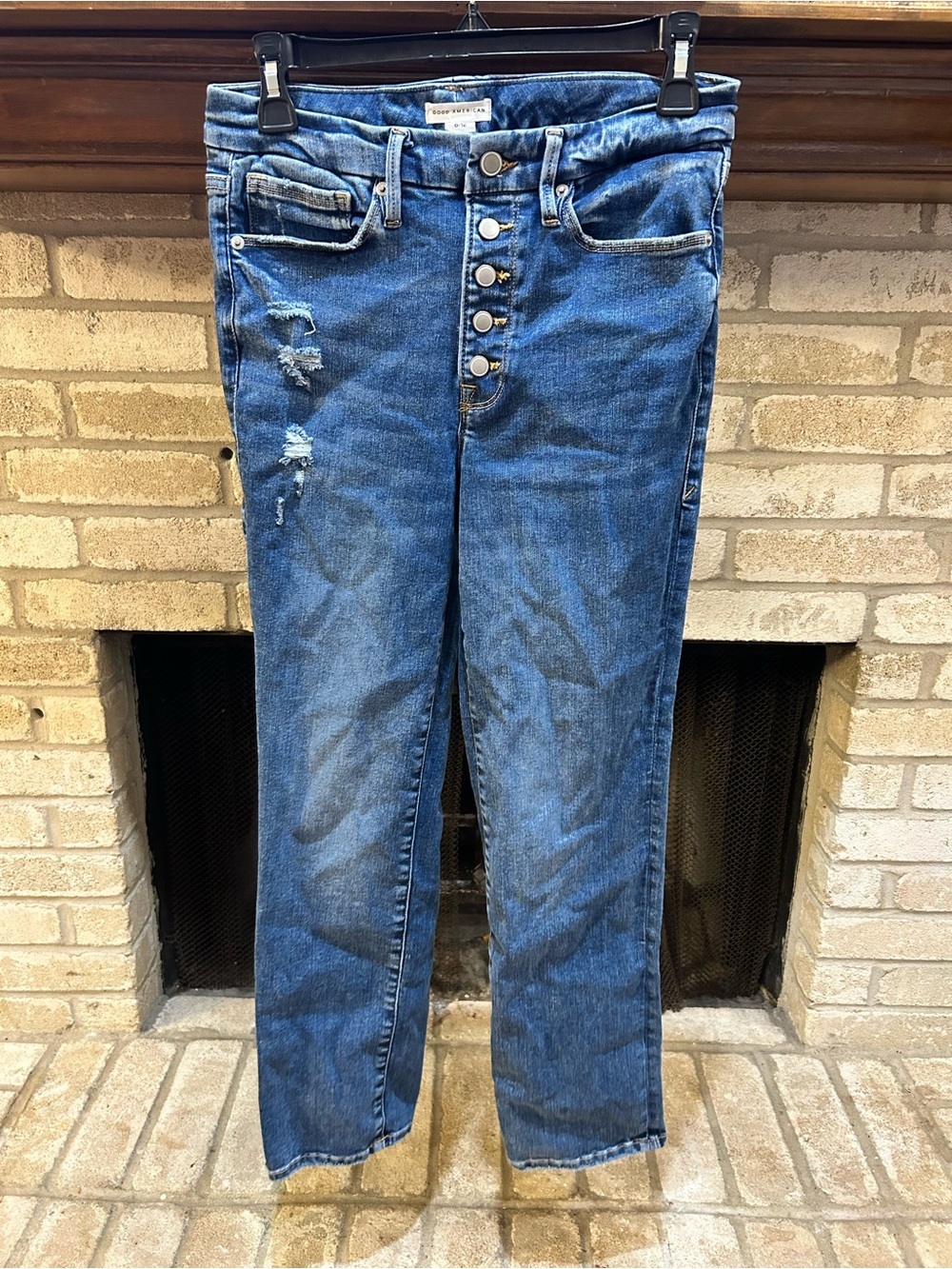 Good American High-Rise Button-Fly Distressed Men’s Jeans - Blue EUC Size 6-12